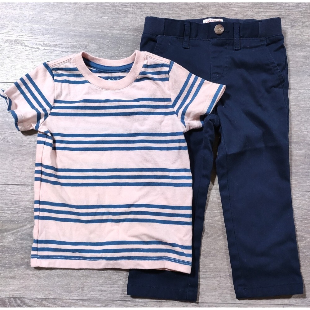 Cat & Jack Outfit Set 2T Pink Navy Striped Shirt Adjustable Pants Boys